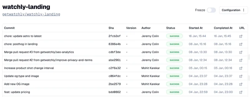 list of commits deployed for the Watchly landing ap alongside their authors and when they were deployed