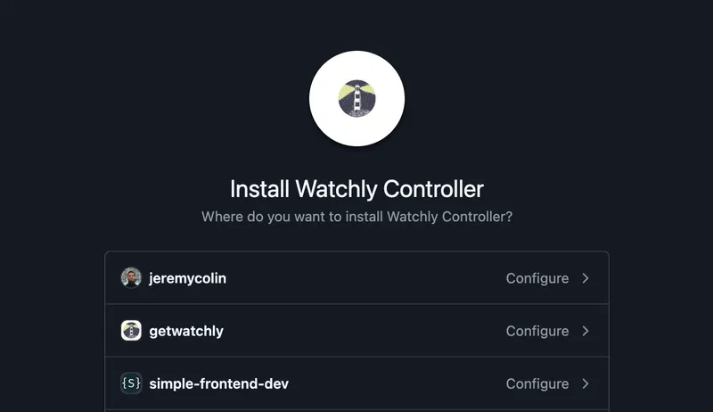 Watchly controller GitHub app installation to connect a repository